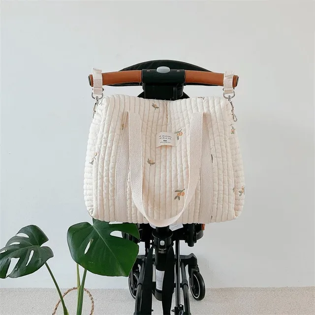 Cute Bear Flower Embroidery Pattern Baby Beige Cotton Fabric Zipper Diaper Handbag 2022 New Luggage Bag 4