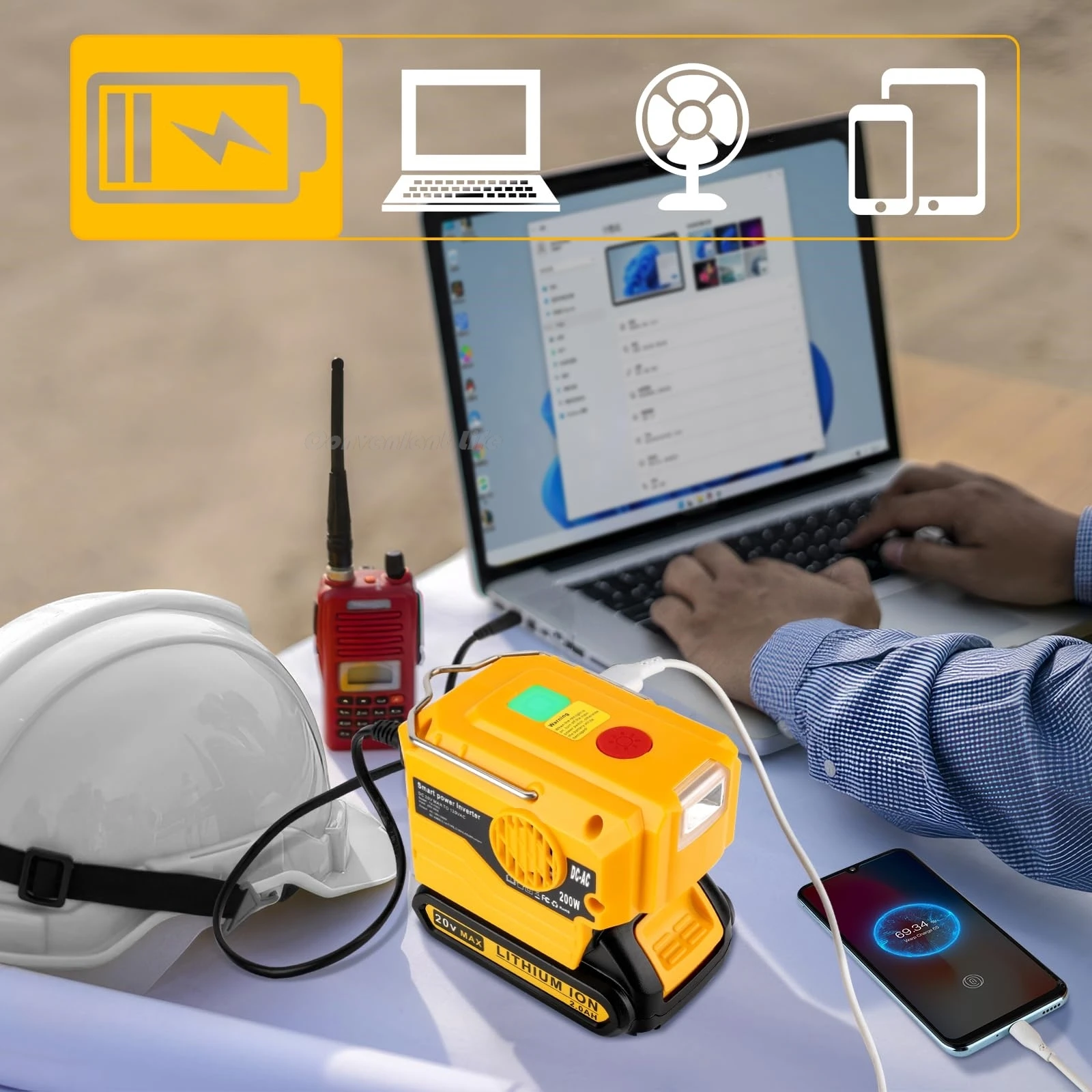 Portable Inverter for Dewalt 20V Battery 200W DC to AC 120-220V Adapter with USB