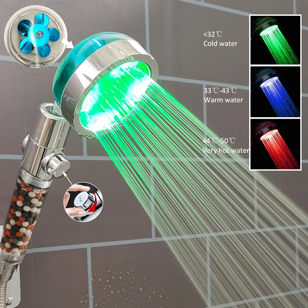 

Пропеллер светодиодный насадка для душа с кнопкой остановки турбо наддув Душ высокого давления изменение цвета насадка для душа аксессуары для ванной комнаты