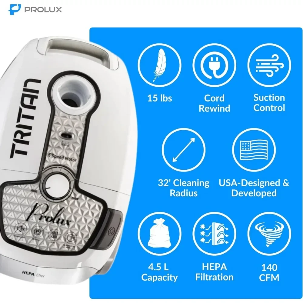 Prolux Tritan Bagged Canister Vacuum Cleaner with HEPA Filter, 5 Speed Motor, Quiet Vacuum for Pet Hair 4