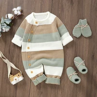 MISOWMNJOY Baby Girl Boy Knit Sweater Romper Winter Stripe Button Long Sleeve Full Length Jumpsuit for Newborn Crochet Clothes 2