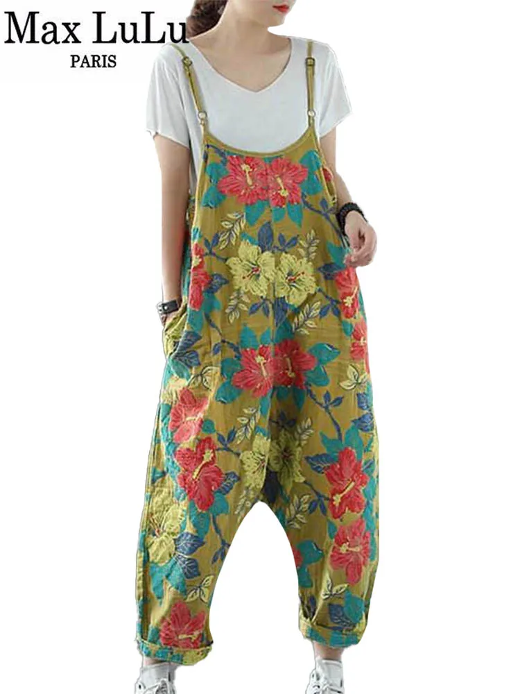 Max LuLu 2021 Summer Japan Style Fashion Women Flowers Vintage Overalls Ladies Printed Casual Trousers Girl Oversized Pantalons british fashion new 2022 ladies printed floral jeans women vintage blue denim pants female street style oversized pantalons