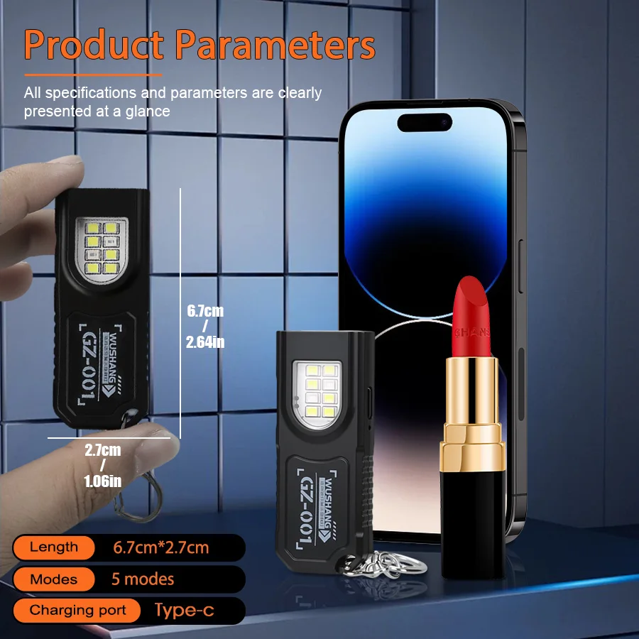Compact USB Rechargeable Multifunctional Keychain Flashlight with COB Work Light