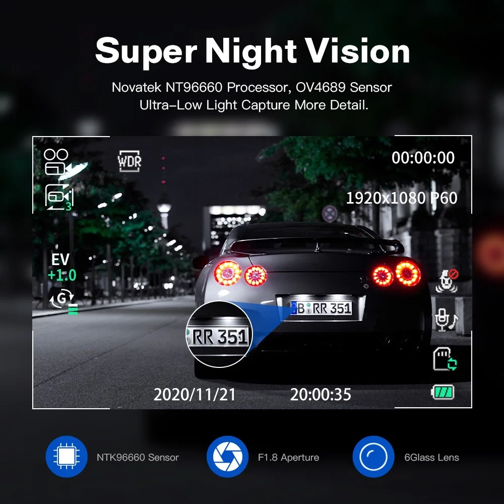 AZDOME GS63H Dash Cam Dual Lens 4K UHD Recording Car Camera DVR Night Vision WDR Built-In GPS Wi-Fi G-Sensor Motion Detection