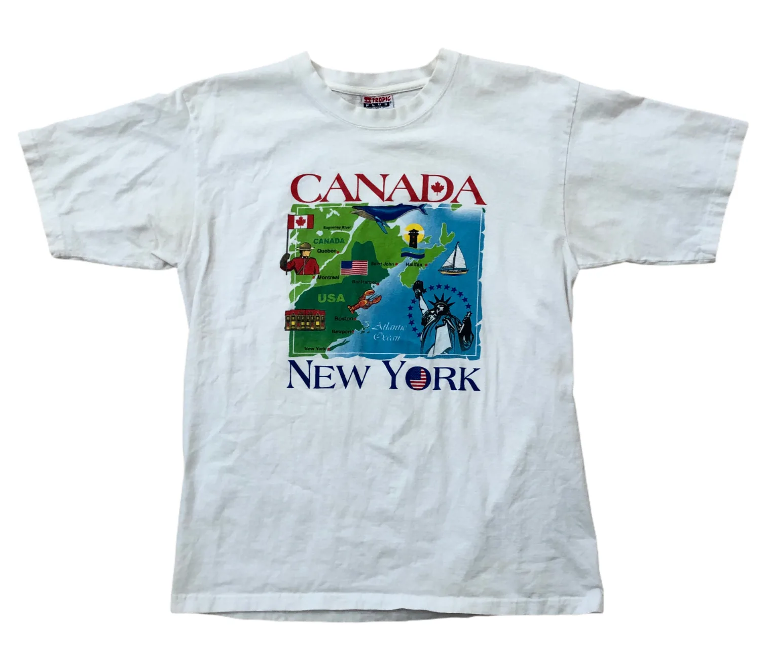 Canada New York Usa Border Map Vintage 1990S Statua Della Libertà T Shirt Maniche Lunghe O Corte