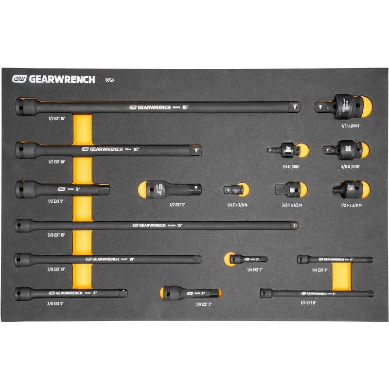 

Гаечный ключ, 17 шт., 1/4 дюйма, 3/8 дюйма, 1/2 дюйма, набор аксессуаров для ударопрочного привода со стандартными фотоэлементами-86524