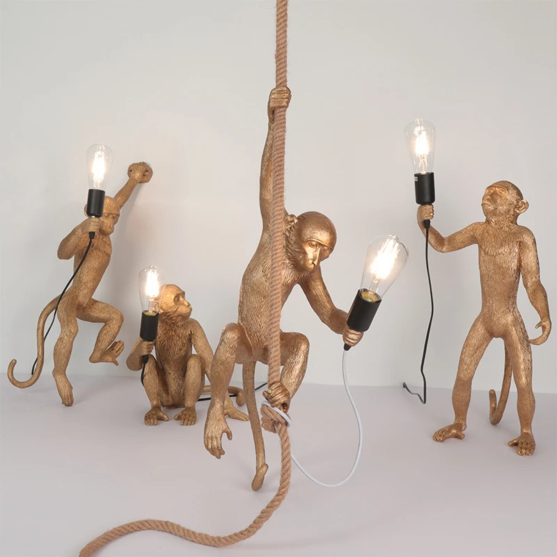 

Nordic LED Monkey Pendant Lights Vintage Hemp Rope Resin Pendant Lamps for Living Room Bedroom Home Decor Hanging Light Fixtures