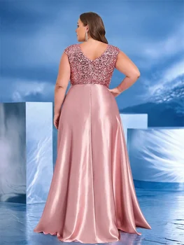 فستان سهرة أنيق مقاس كبير برقبة على شكل حرف V ترتر أخضر طويل فاخر للنساء من الساتان بأكمام قصيرة للحفلات الراقصة وحفلات الكوكتيل 2