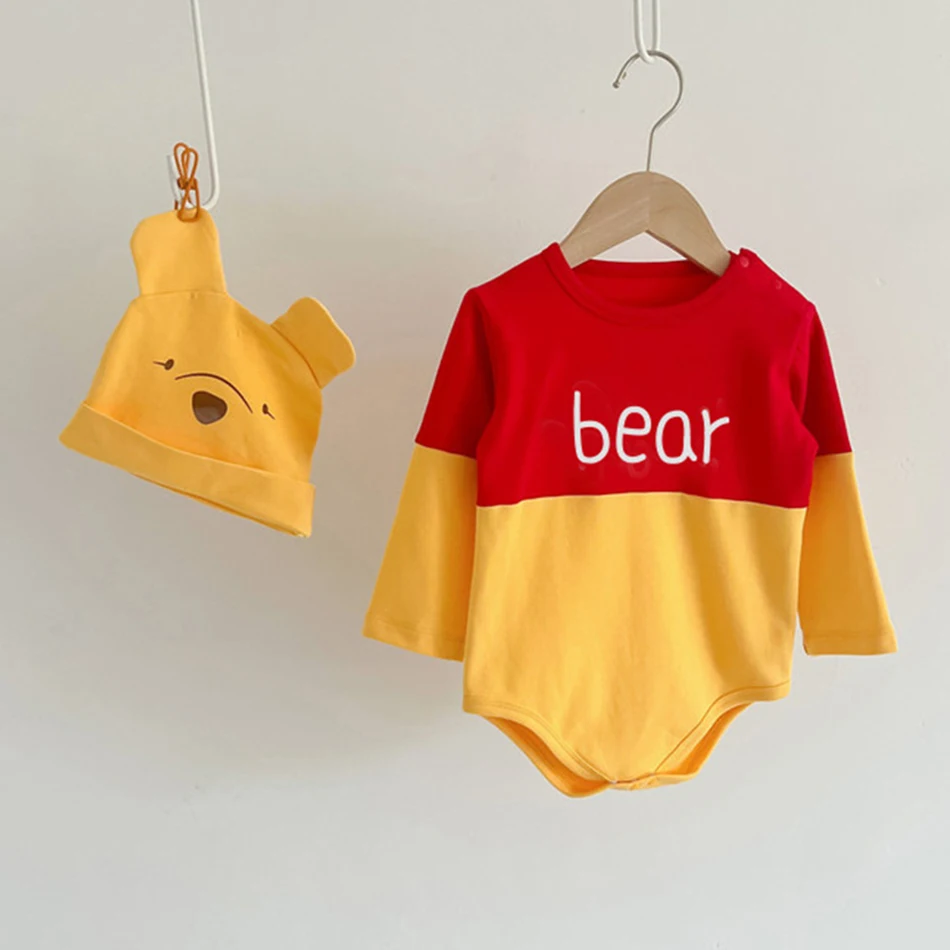 Disney Cartoon Pooh Bear Mickey Mouse Jumpsuit Baby Girls Boys Casual Long Sleeves Rompers Toddler Spring Autumn Bodysuits Hat