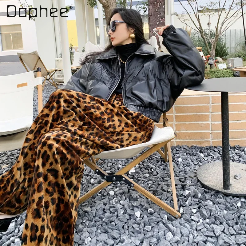 Vintage Leopard Print Gold Velvet Trousers Female Spring Autumn New Streetwear Loose Women's High Waist Wide-Leg Straight Pants