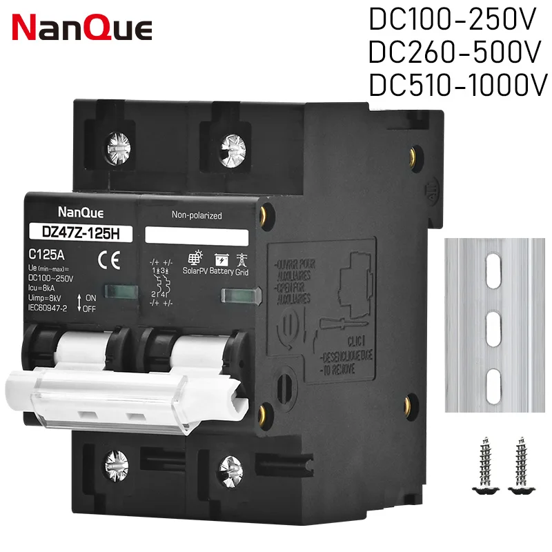 Disjuntor da Tensão de Mcb Bateria do Painel Solar Proteção do Curto-circuito c Curva 2p 100a 125a 150a cc 100v 150v 250v 500v 1000v