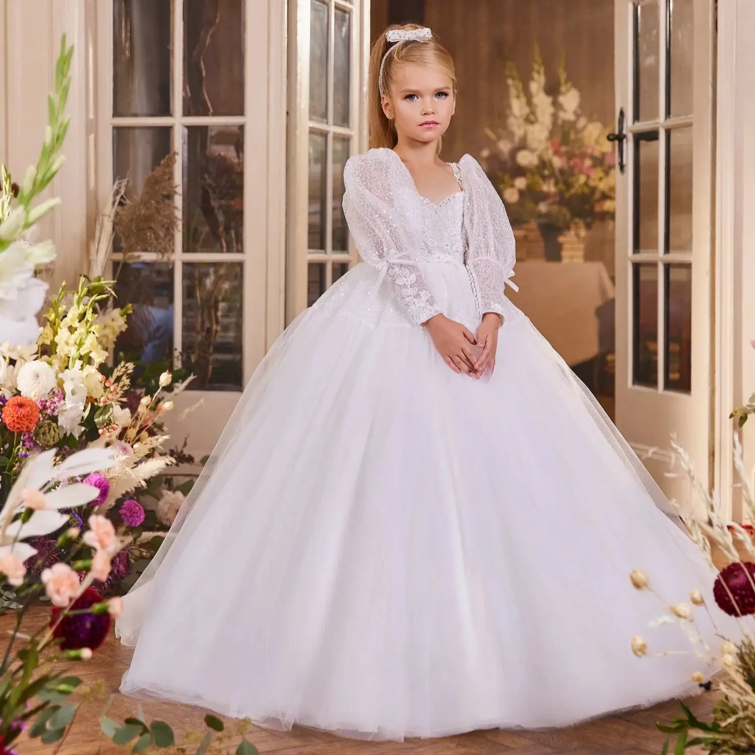 

Flower Girl Dresses with Detachable Sleeves Birthday Party Dress Lace Sequins Wedding Gowns Kids Pageant Vestido De Novia