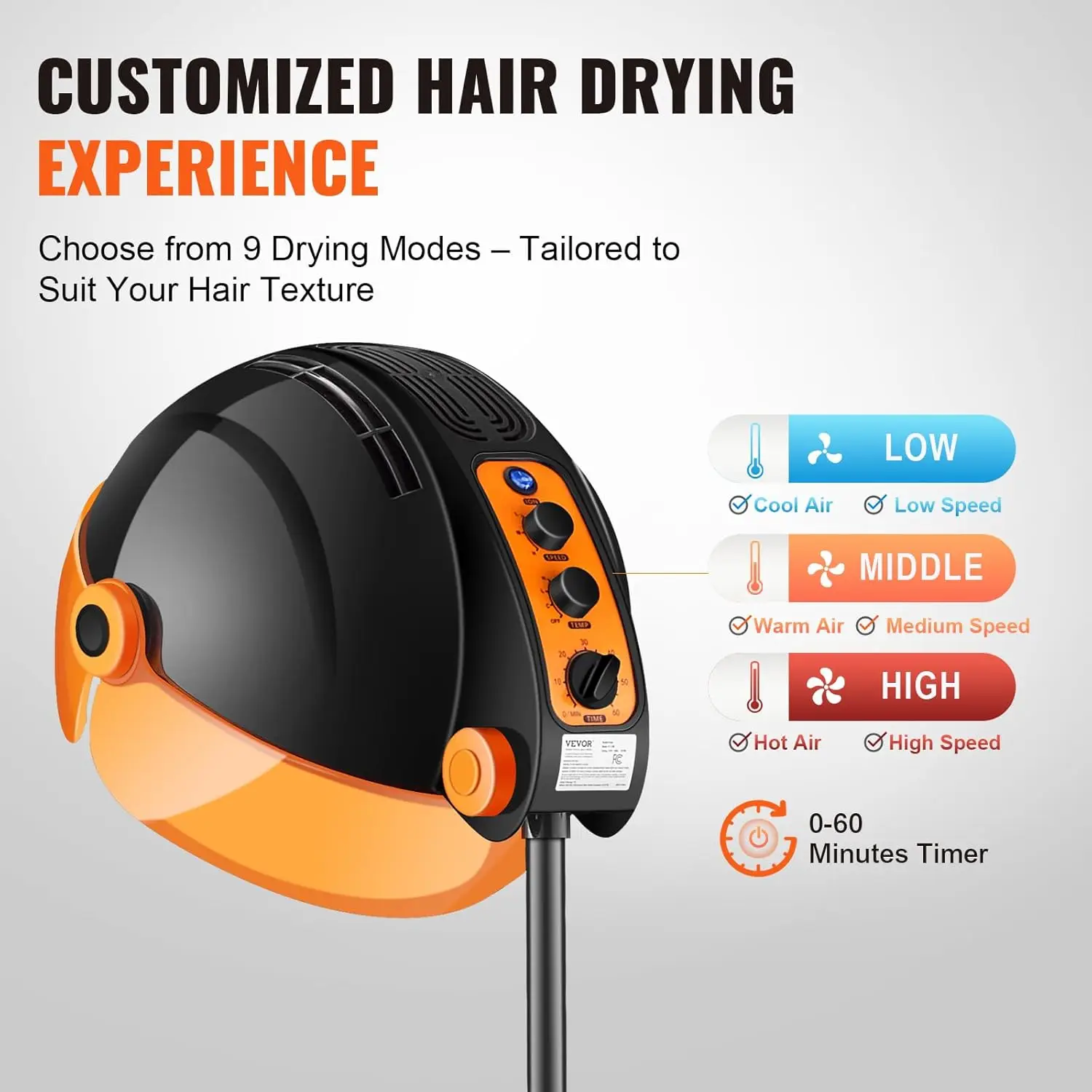 Ionic Hooded Hair Dryer with Variable Speed & Temperature Adjustment, 1875W, Sit Under Hair Dryer with Timer for Beauty Sa 2