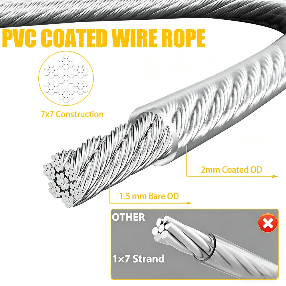 35개/세트 2mm 스테인레스 스틸 와이어 로프 키트(후크 포함) 가드레일 로프 캠핑용 PVC 코팅 고정 캠핑 의류 10/15/20M