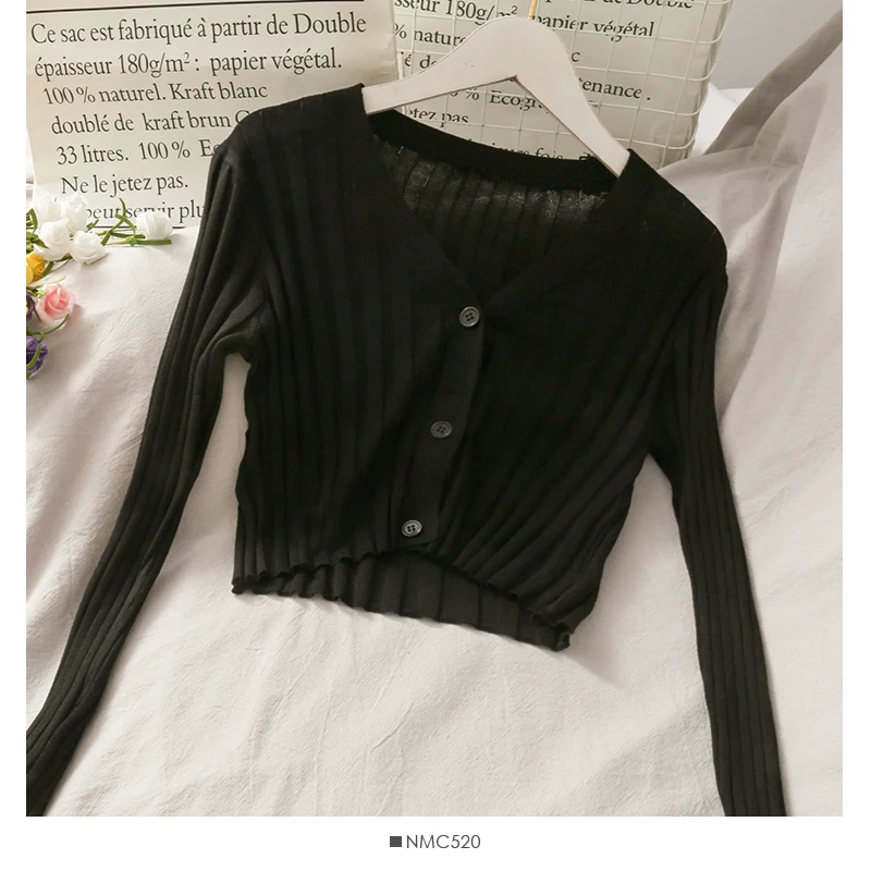 Description Picture 4 of itemFIGOHR Women's Acrylic Long Sleeve V-Neck Button-Down Slim Cropped Ribbed Knit Cardigan Thin Solid Stretch Top Knitwear