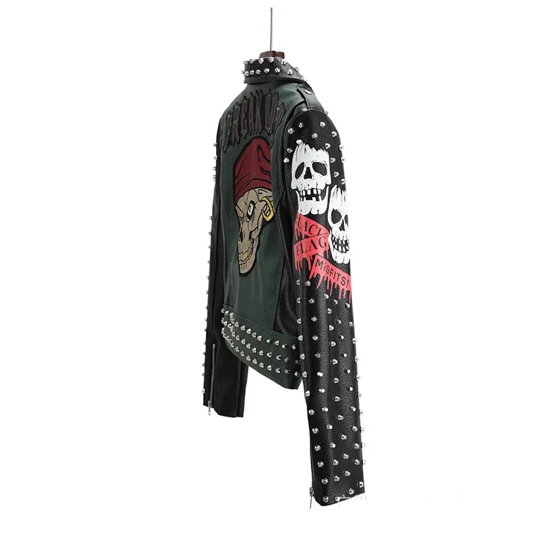Punk Studded Cropped Leather Jacket for Women 2024 Trend Streetwear Patchwork Graffiti Print Faux Leather Motorcycle Jackets