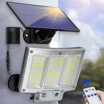 모션 센서 원격 IP65 방수 야외 태양광 벽 램프, 파티오 차고 정원 조명, 106, 118, 192LED