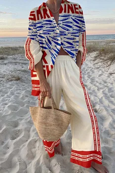 Fashion Boho Printed 2 Piece Set Loose Lapel Long Sleeve Button Shirt High Waist Wide Leg Pants Suit Spring New Vacation Style 1