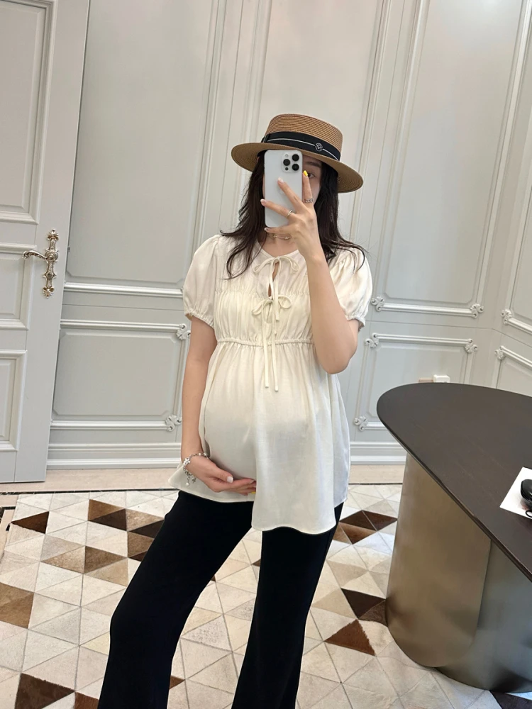 LeoM 출산 셔츠 여름 리넨 레이온 주름 허리 타이 반소매 슬리밍 루즈 오리지널 디자인 퓨어 컬러 비즈니스 셔츠