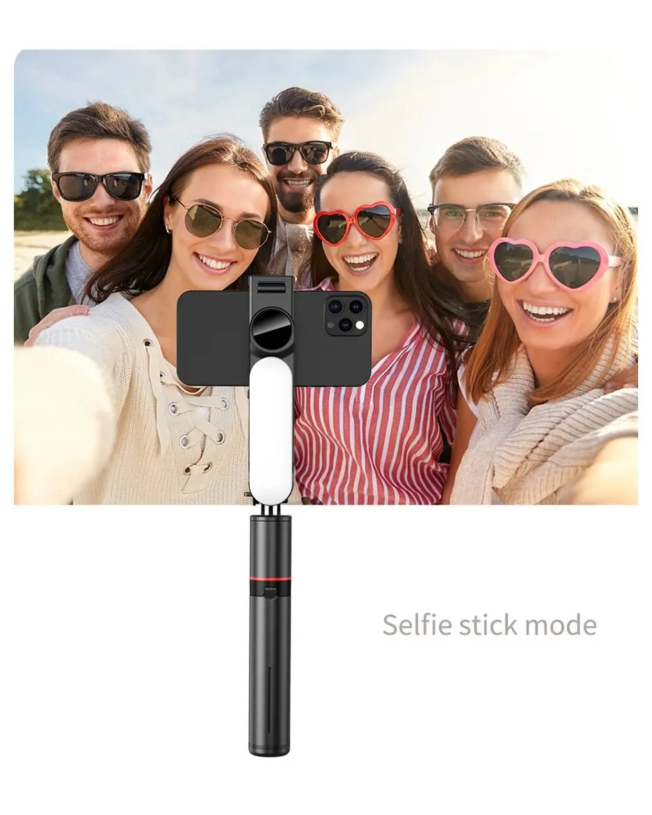 Składany mini statyw do selfie z lampą wypełniającą LED i bezprzewodowym zdalnym wyzwalaczem Bluetooth do smartfonów z systemem iOS i Androidem_voghion.com