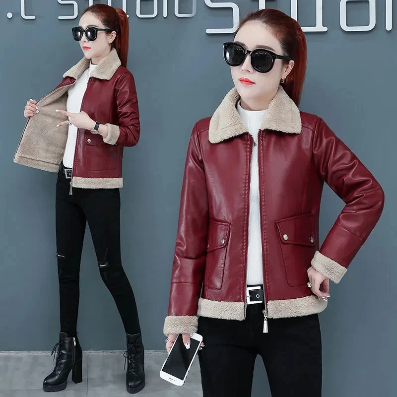 

Autumn Winter PU Leather Jacket Women Lambhair Lining Warm Jackets Female Loose Large Size M-4XL Faux Leather Coat Women's