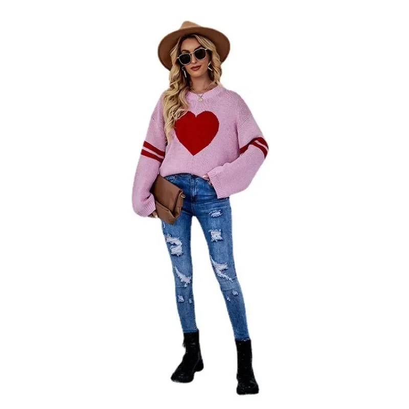 2023 Autumn/Winter Hot selling Valentine's Day Color Contrast Love Jacquard Round Neck Large Women's Knitwear SFC15-3