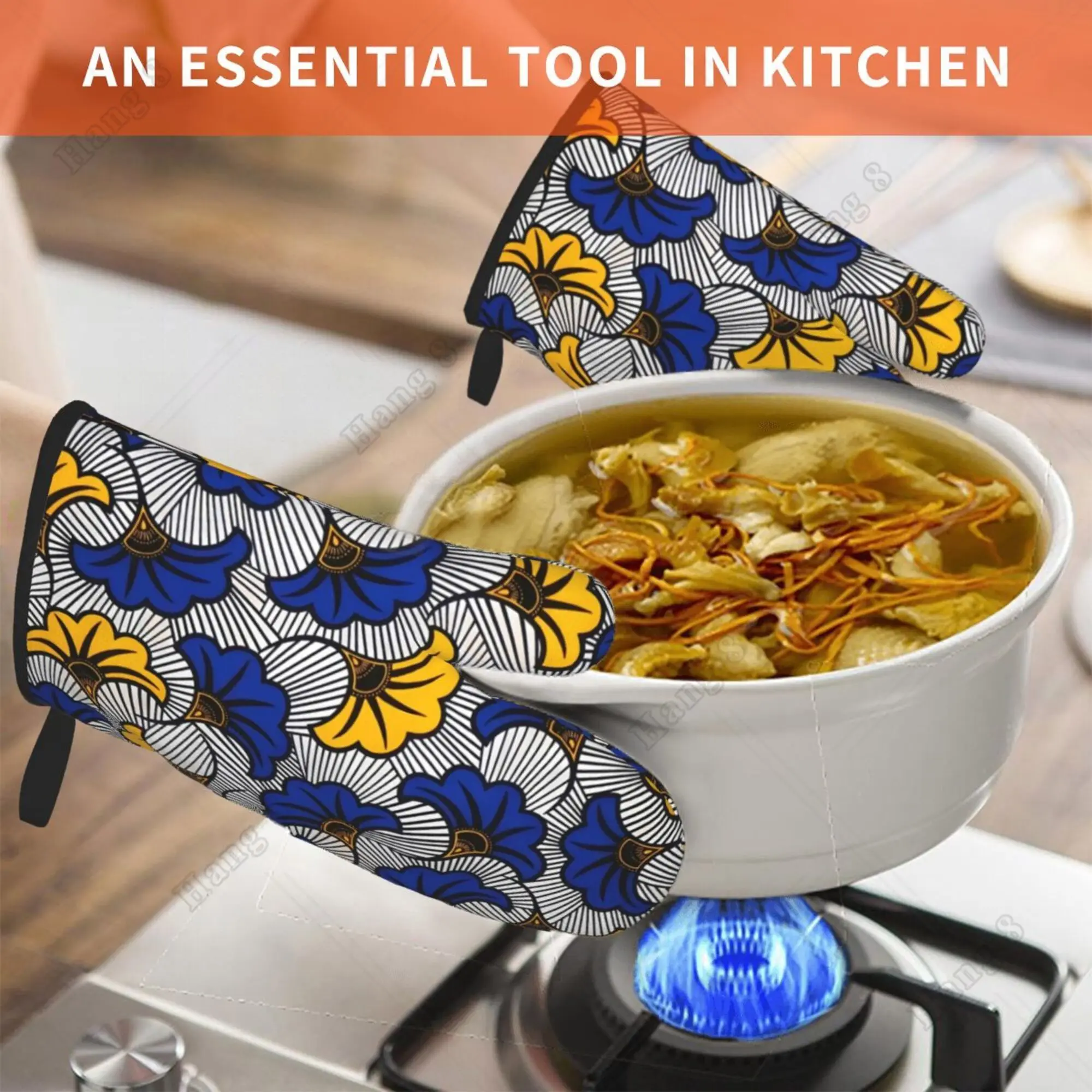 African Mud Cloth Bogolan Floral Design Oven Gloves for Women Men Oven Mitts Set of 2 for Cooking Baking Grilling BBQ One Size