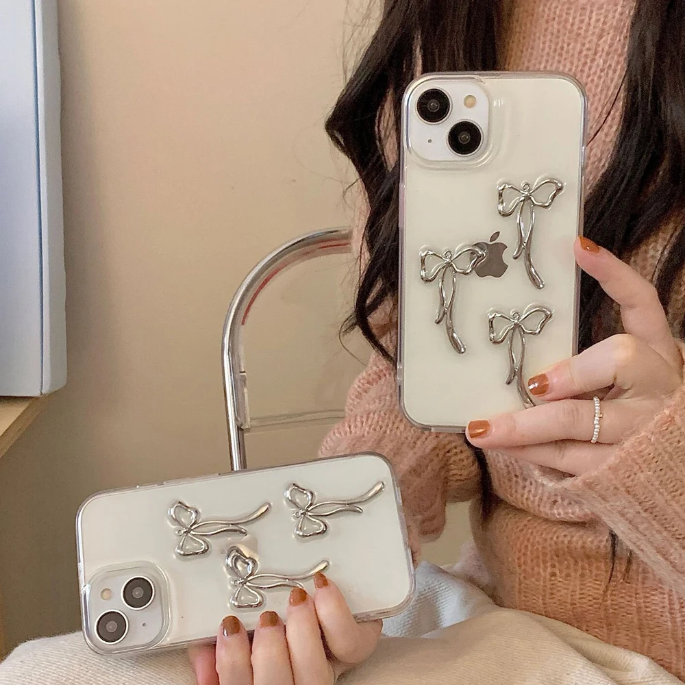 Custodia Per Telefono 3D Silver Bowknot Per Iphone 15 14 13 12 11 Pro Max Ins Cover Posteriore In Silicone Morbido Trasparente Semplice Moda Creativa