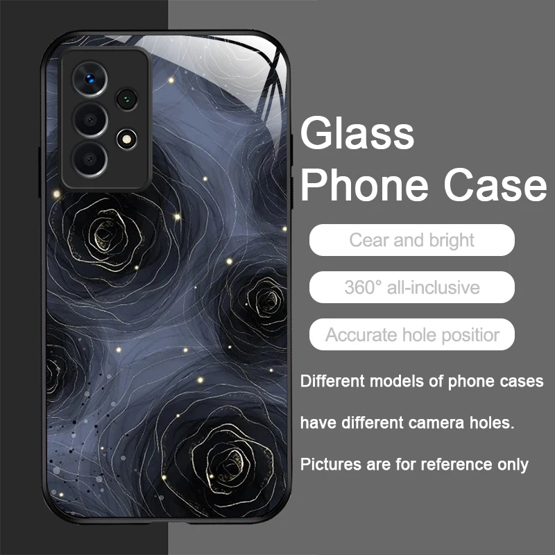 Luxury Black Rose Flower Graphic Tempered Glass Phone Case Cover