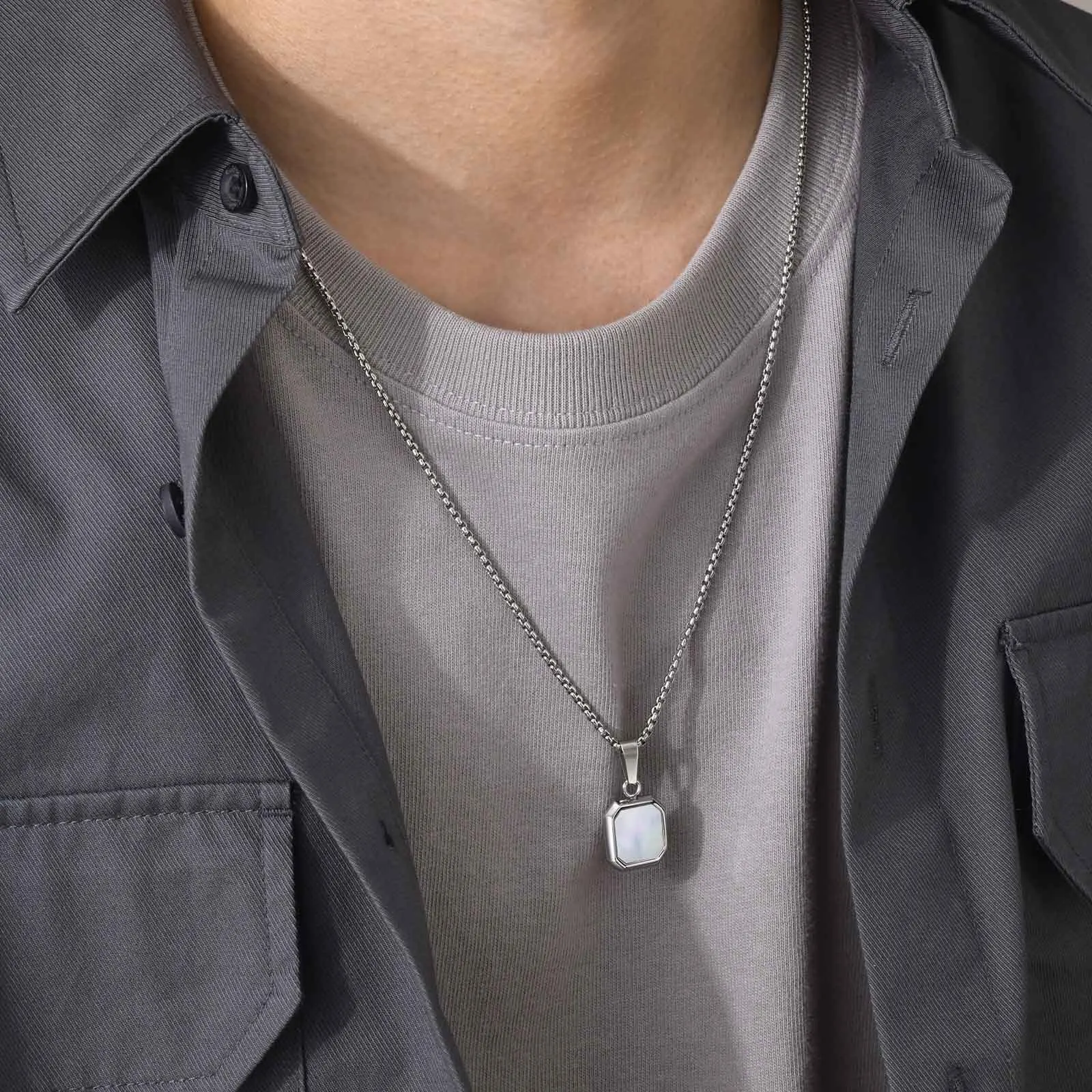Stylish Stainless Steel Shell Necklace for Men,Hypoallergenic Waterproof Square Pendant,Male Collar Gift for Him