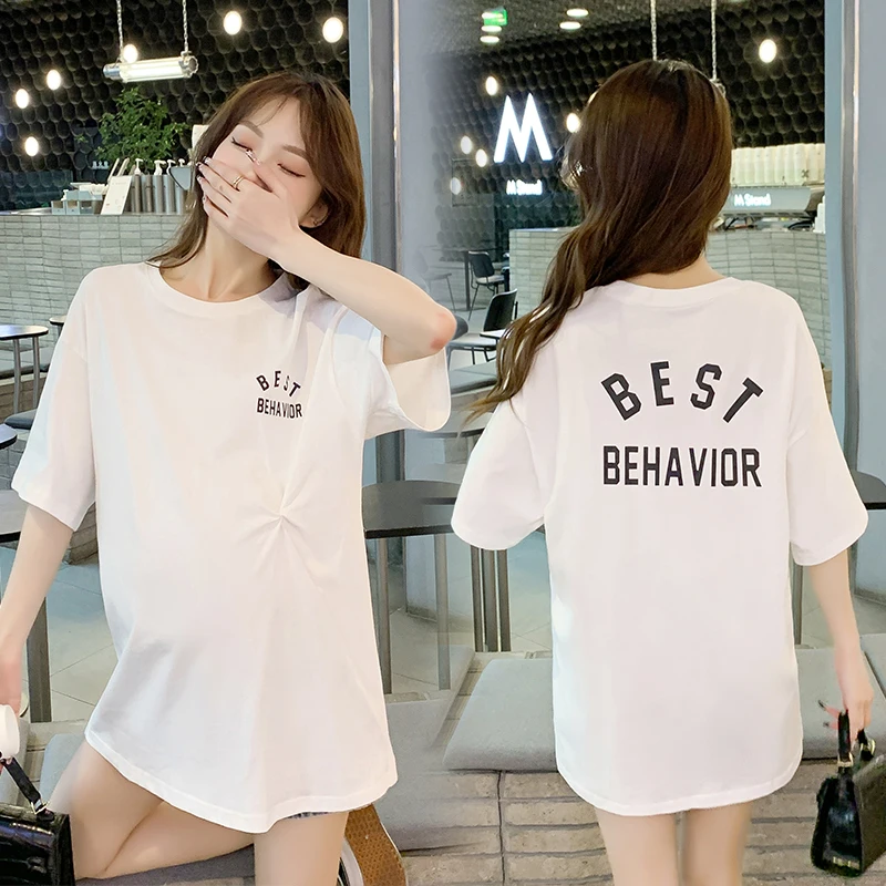 2023 Summer Maternity Cotton T-shirt Fashion Letters Printing Short Sleeve Loose Pregnant Women's Tops Long Loose Pregnancy Tees