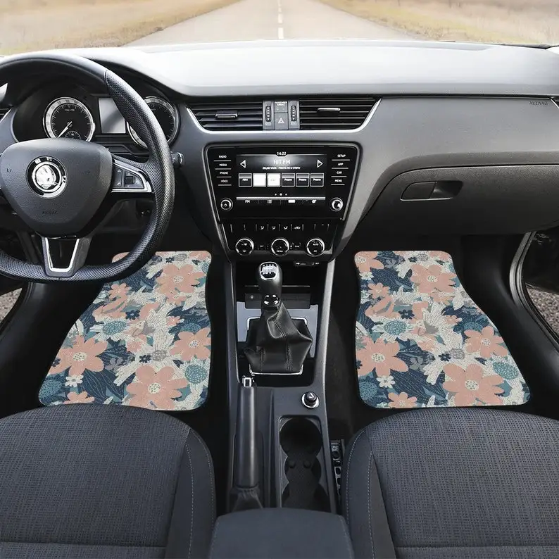 

Peach Blue Floral Flowers Car Floor Mats Set, Front and Back Floor Mats for Car, Car Accessories