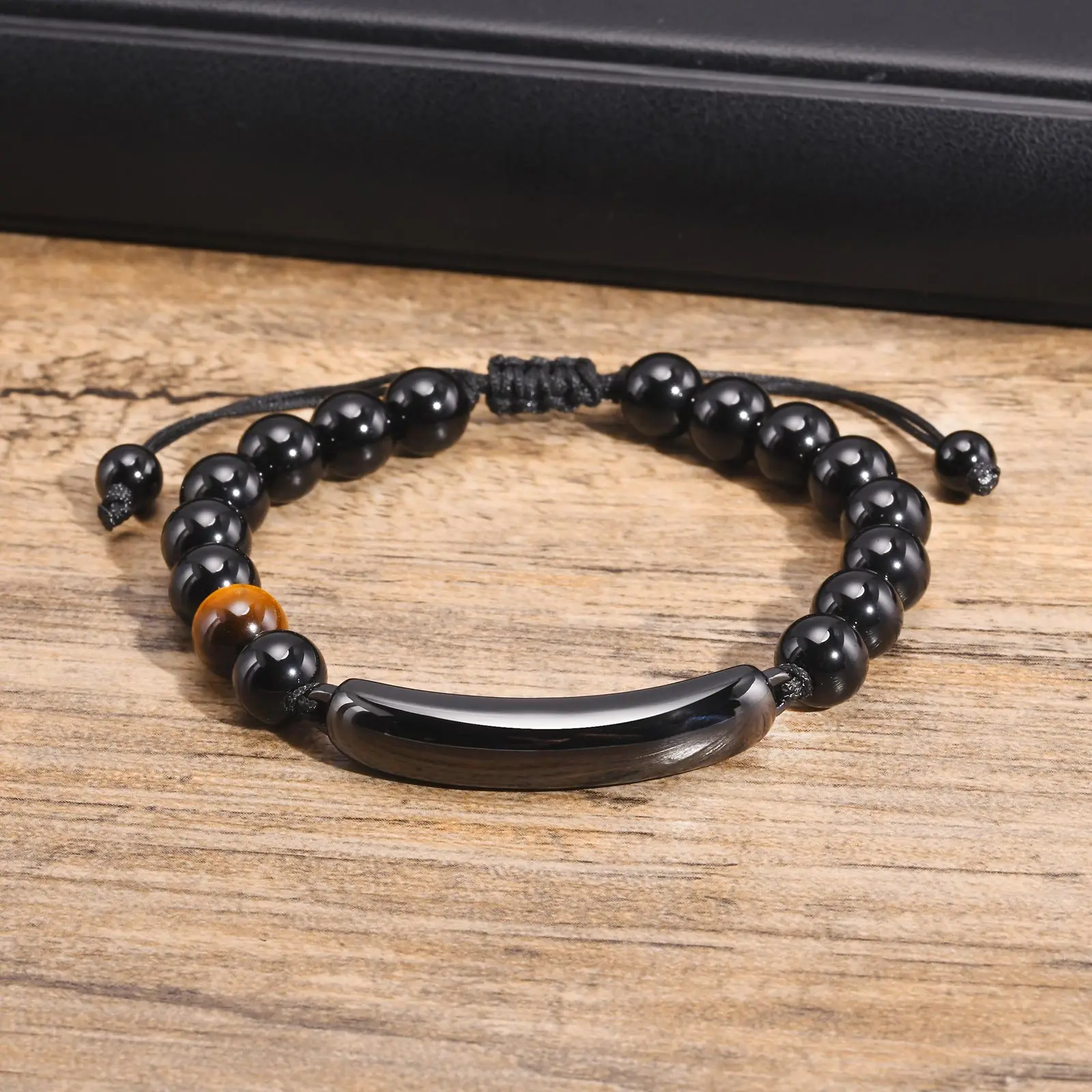 Mprainbow Personalized Charm Bracelets,Tiger Eye Stones Black Beads Bracelets,Free Engraving Glossy Stainless Steel Bangle