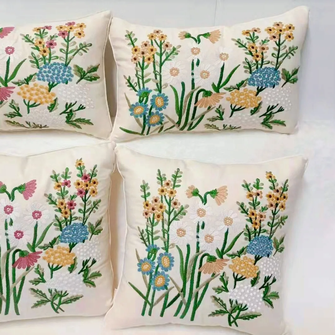 

Pillow Cover with Floral Embroidery, Countryside Living Room Sofa, Modern and Minimalist Cushion Cover