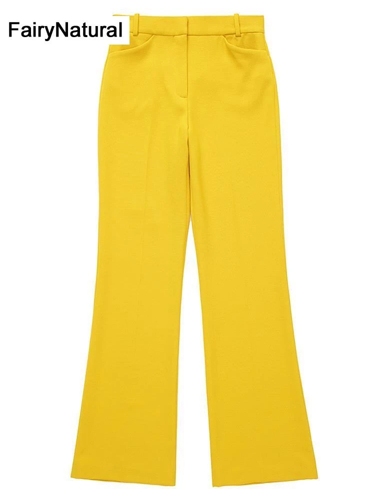 FairyNatural Women Fashion Yellow Long Pants High Waist Zipper Fly Boot Cut Suit Pant Female Trousers With Pocket Mujer Pantalon slacks