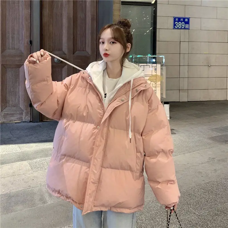 

2023 New Women Down Cotton Coat Winter Jacket Female Short Versatile Parkas Loose Thick Outwear Solid Color Hooded Overcoat