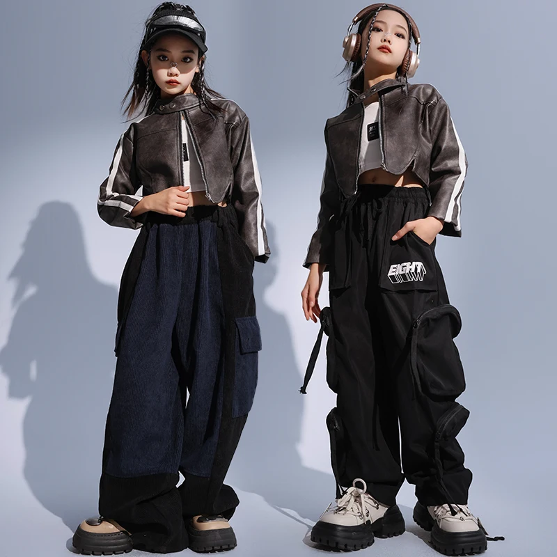 

Укороченная куртка в стиле хип-хоп для девочек, уличные танцевальные штаны, детский уличный костюм, куртка, Детские элегантные джазовые костюмы, комплекты одежды для подростков