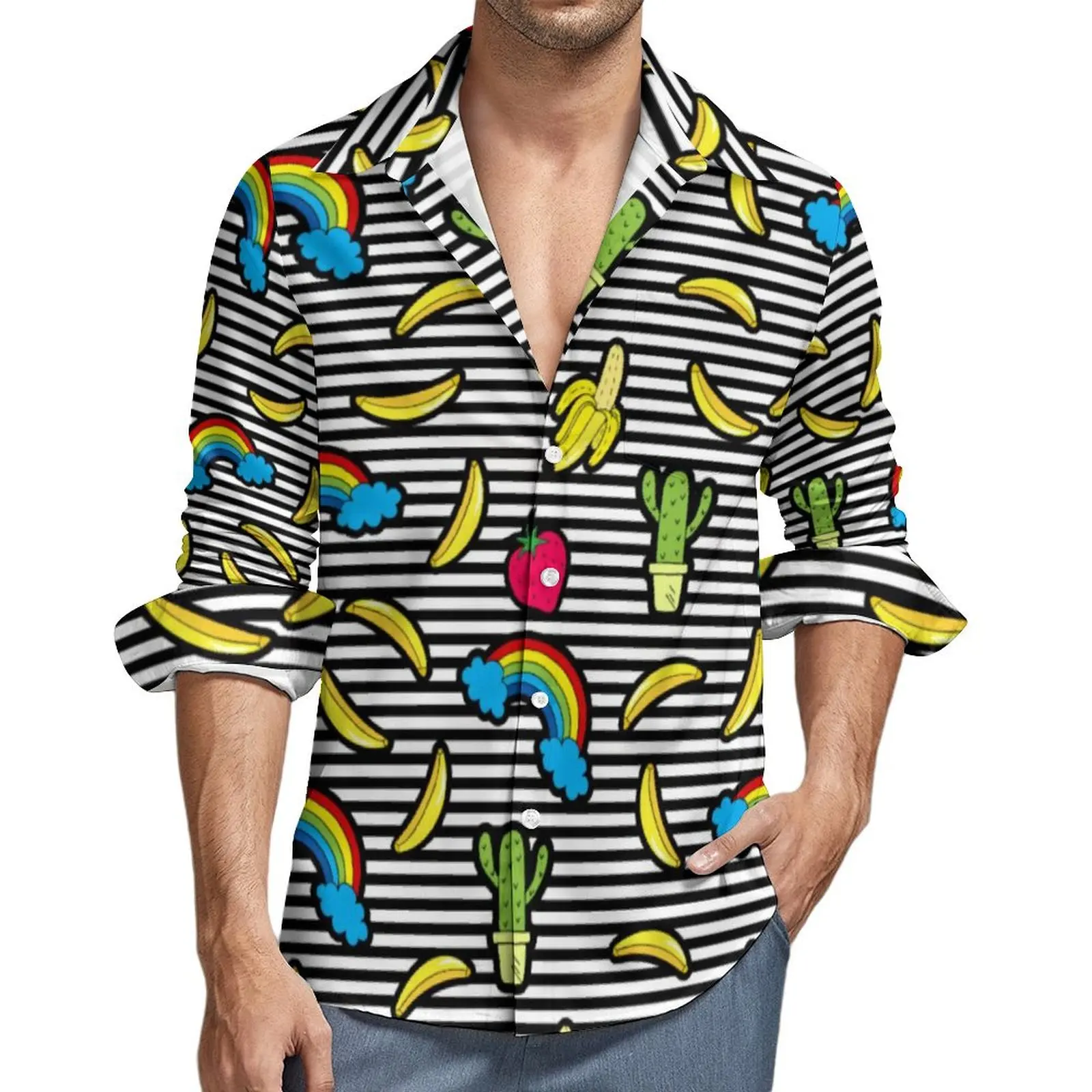 

Cactus Rainbow Fruit Blouse Male Black White Stripes Shirt Long Sleeve Retro Street Style Casual Shirts Graphic Tops Plus Size