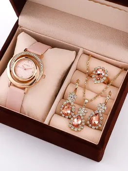 5 шт. набор роскошных часов для женщин кольцо, ожерелье, серьги Стразы модные наручные часы повседневные женские часы набор часов