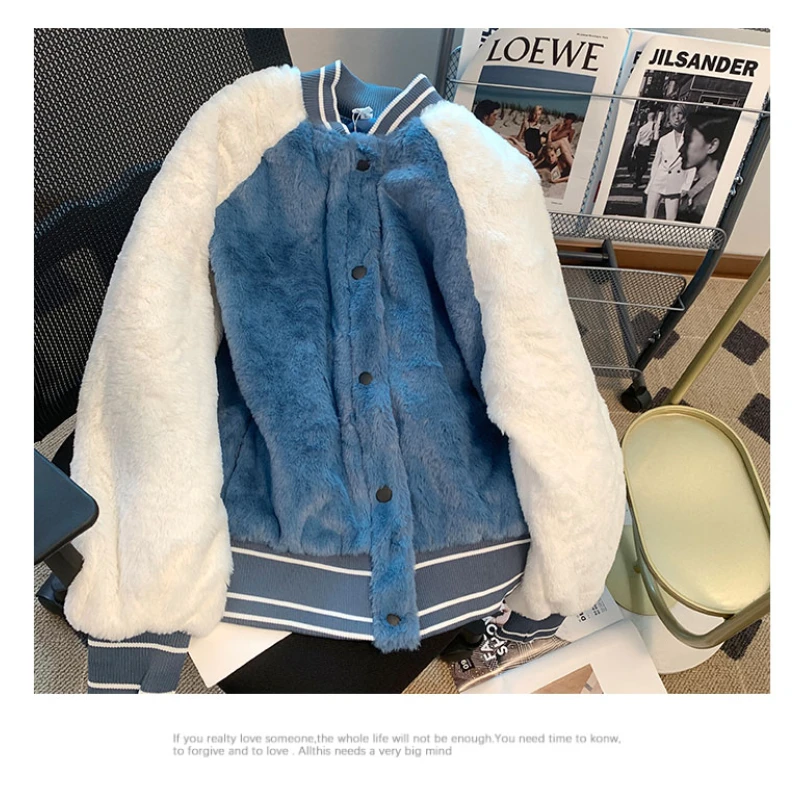

JMPRS Winter 2022 Color Patchwork Jacket and Coats Women Fashion Lambswool Thick Baseball Uniform Female Warm Clothes Tops New
