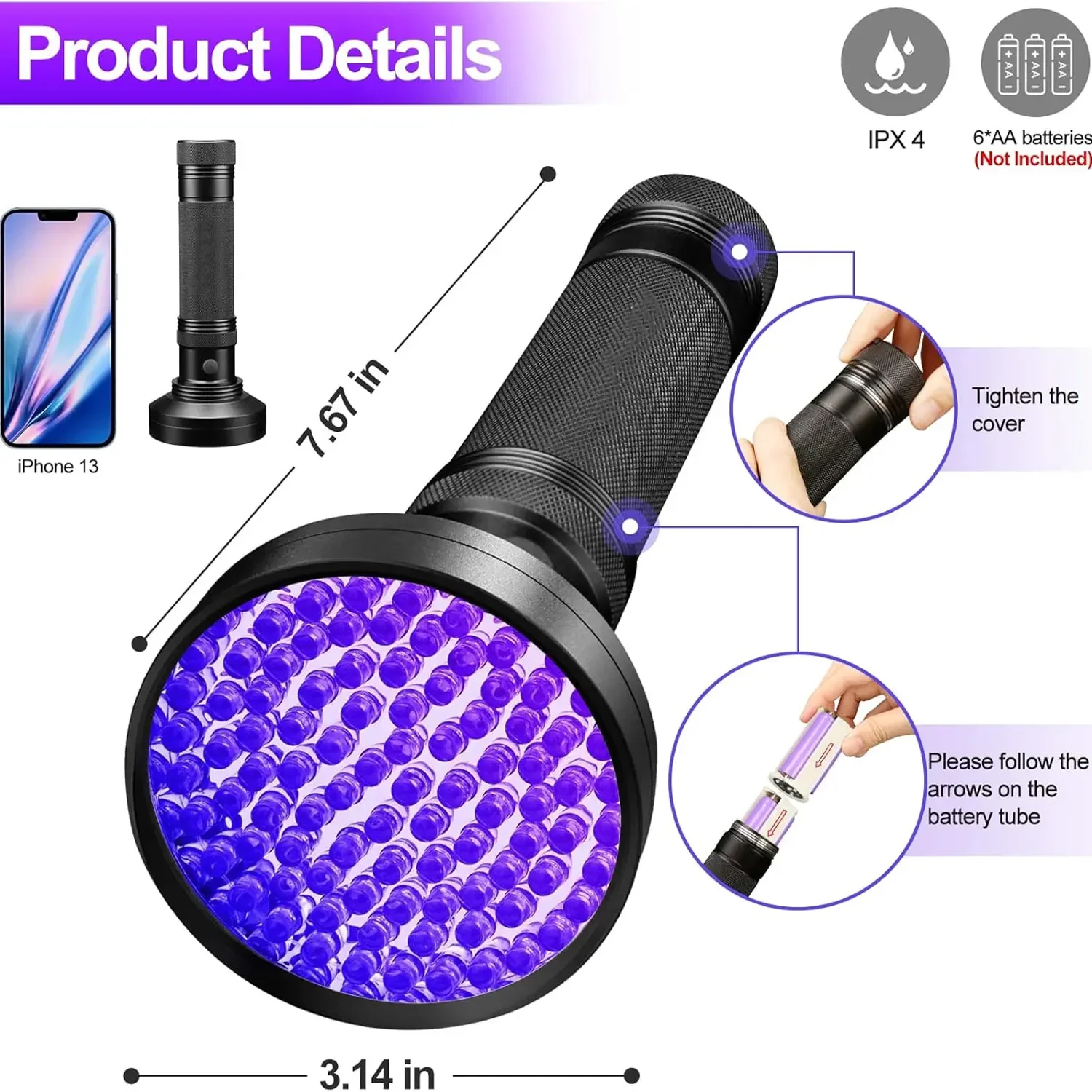100 LED 395nm UV Flashlight Powerful Ultraviolet Curing Torch Money Ore Cat Dog Pet Stains Scorpion Fluorescent ink Marker light
