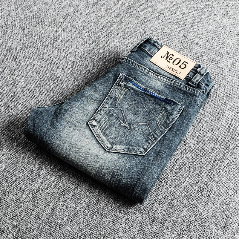 Italian Style Fashion Men Jeans Retro Blue Elastic Slim Fit Ripped Jeans Men Trousers Vintage Designer Casual Denim Pants Hombre 6