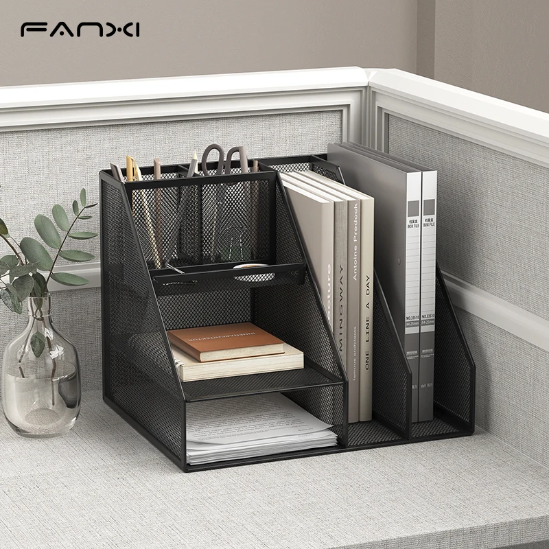 Desk Organizer with File Holder, Desk Organizers with 3 Tier Letter Trays and 2 Pen Holders, Mesh Desk Accessories & Workspace - 6