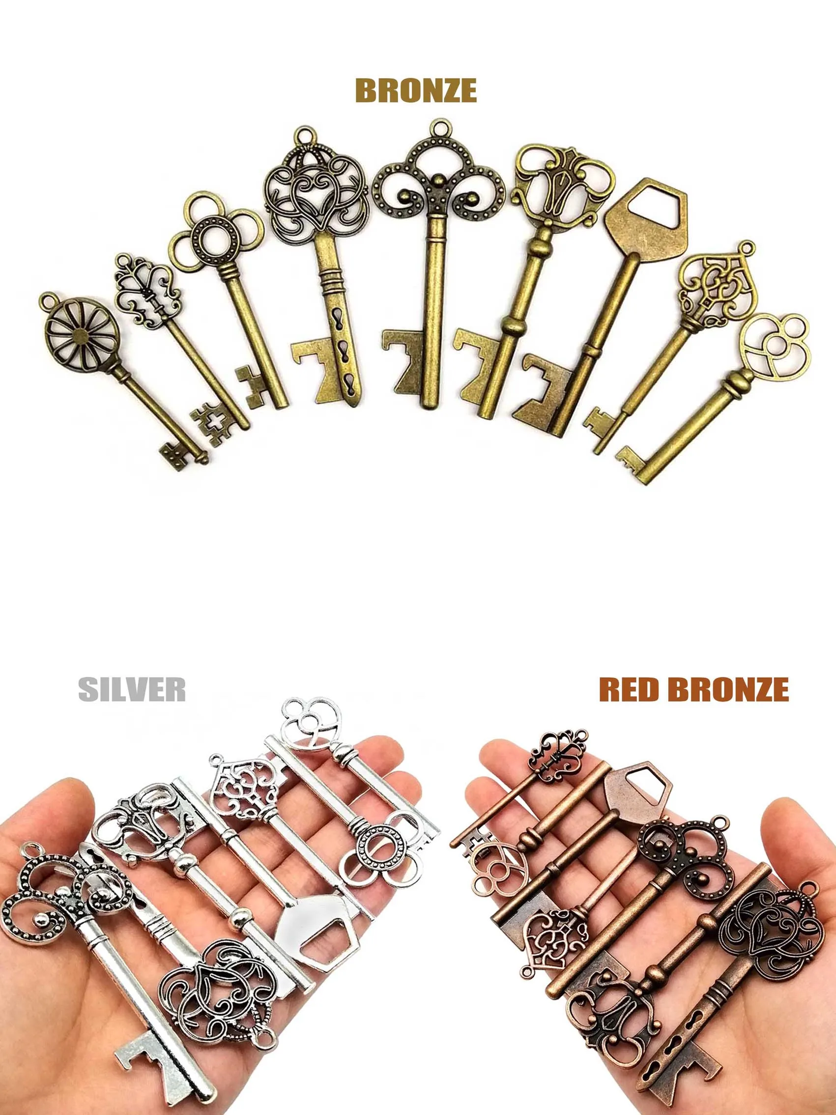9 teile/satz Mix Kit Alte Aussehende Retro Vintage Schlüssel Antik Messing Bronze Silber Dekorative Steampunk Charms Anhänger Schmuck Machen E – Detail 3