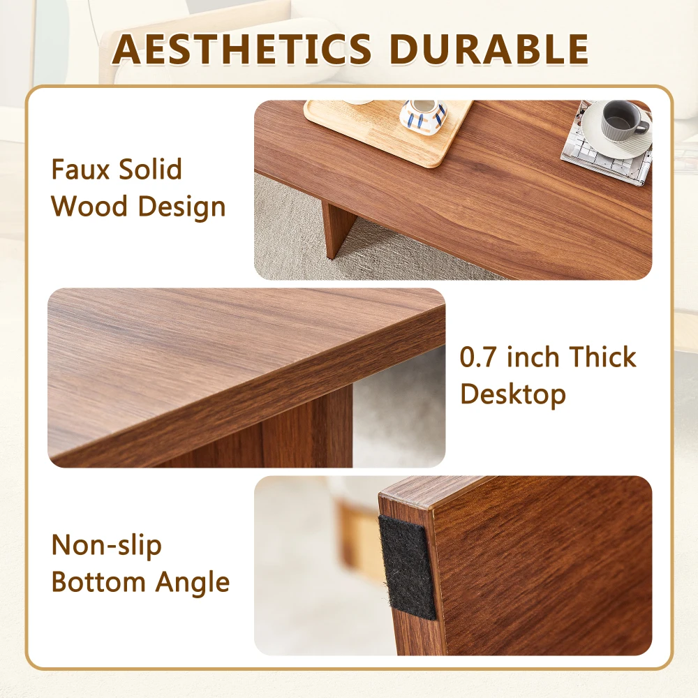 44.8 Inch Walnut Wood Grain MDF Coffee Table Modern Luxury Stable Triangular Support The Coffee Table Is Made of Medium Density 6