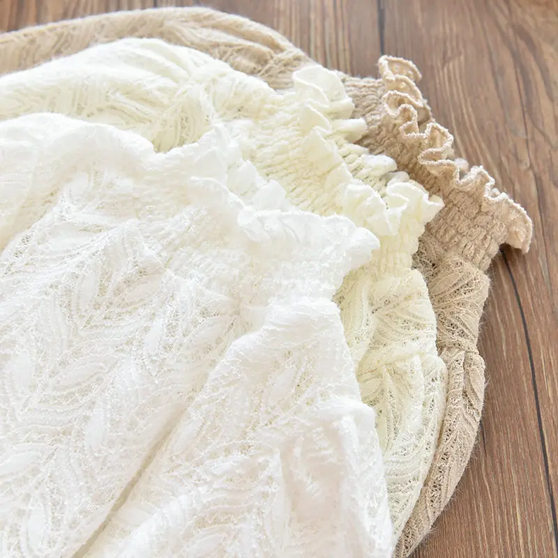 Spring Girls Lace Shirts White Long Sleeved Bottoming T-Shirt Kids High-Neck Punching Blouse Tops Children's Clothing Pullover