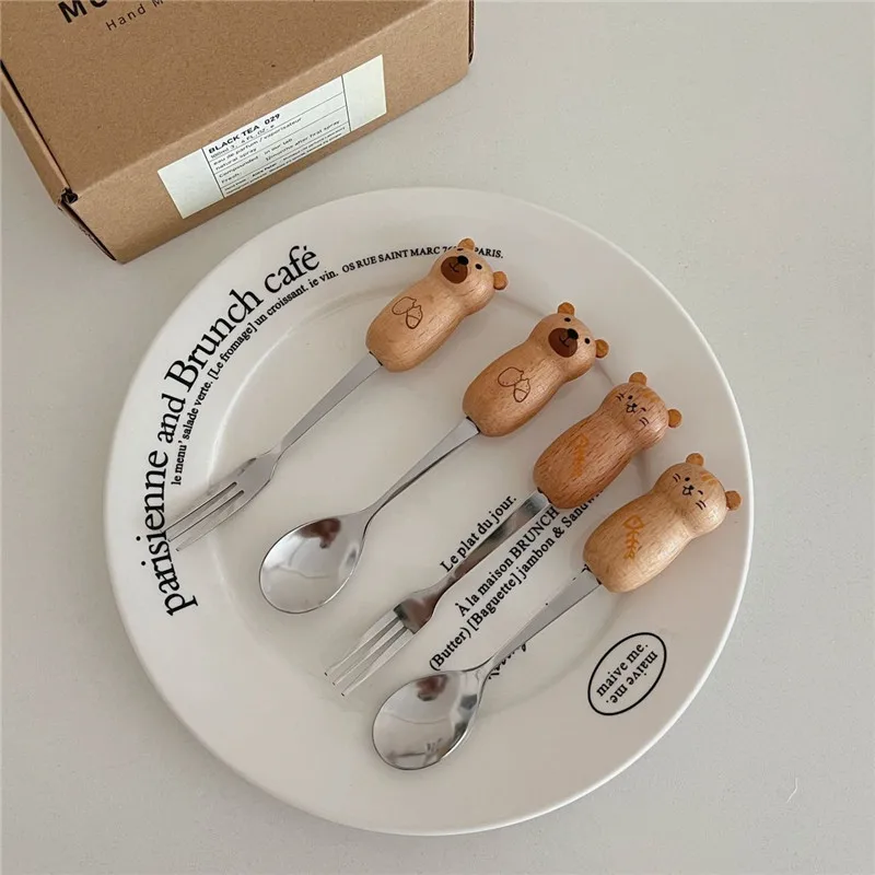 Cute Cartoon Little Bear Fruit Fork and Spoon Suit Solid Wood Handle Stainless Steel Pastry Fork Coffee Spoon Kid Gift