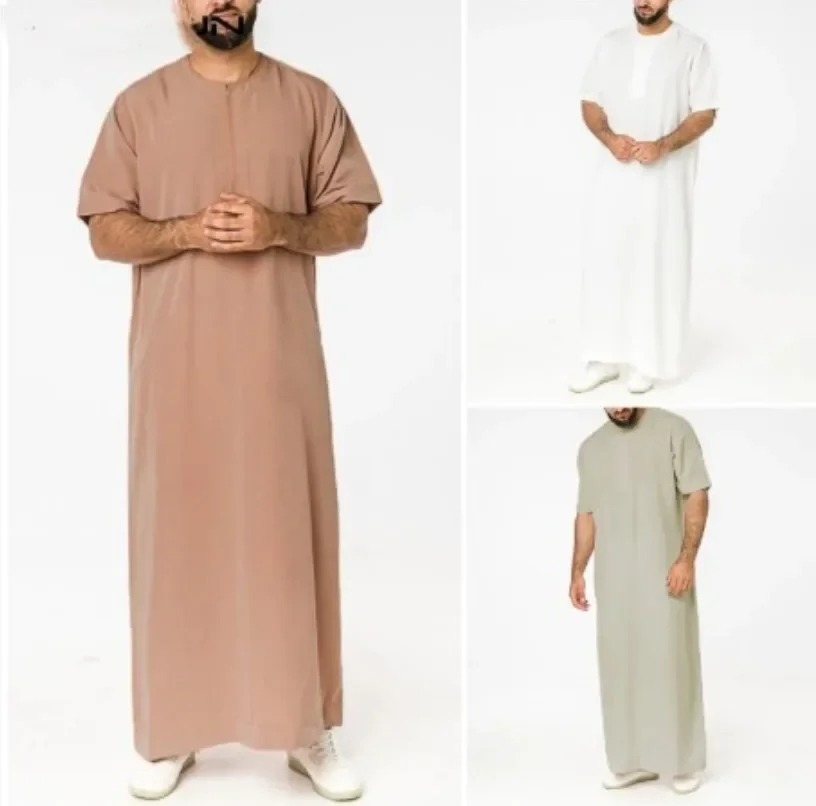 

2022 Solid Color Men Muslim Islamic Kaftan Robes Short Sleeve O Neck Jubba Thobe Casual Dubai Saudi Arabia Abaya Men Clothes