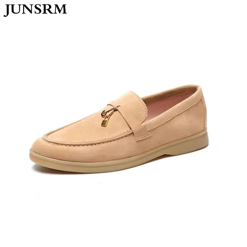 

Soft Sole Comfortable Loafers Multicolor Leather Suede Metal Lock Decor Causal Shoes For Women Slip-on Comfortable Single Shoes
