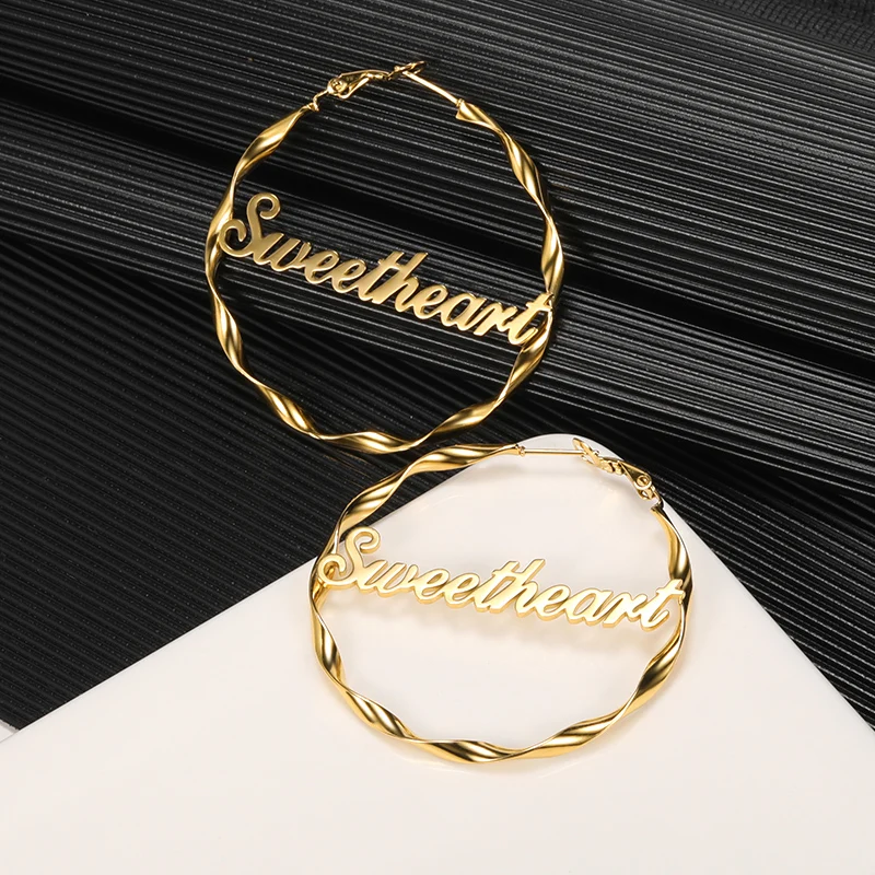 Custom Name Stainless Steel Big Twisted Hoop Earrings Jewelry